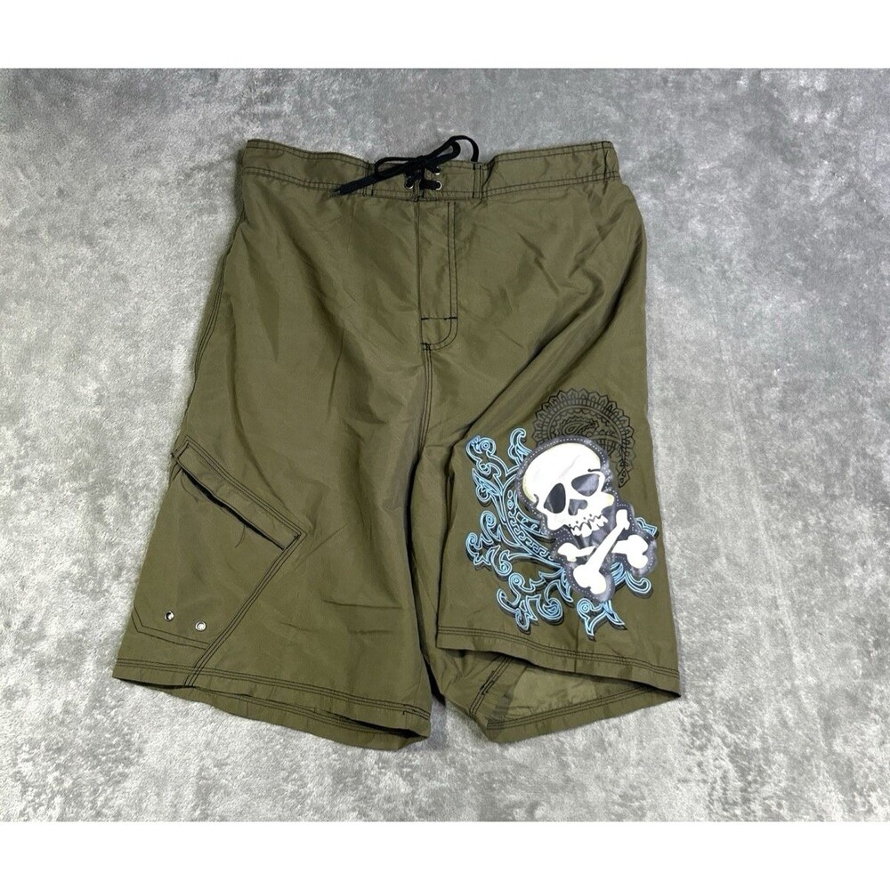Mad Iguana Swimwear Men XL Green Skull Crossbones Board Trunk Summer Beach Lined